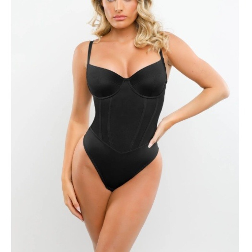 Popilush Women's Black Shapewear Tummy Control Corset Thong Bodysuit Size M NWT‎
